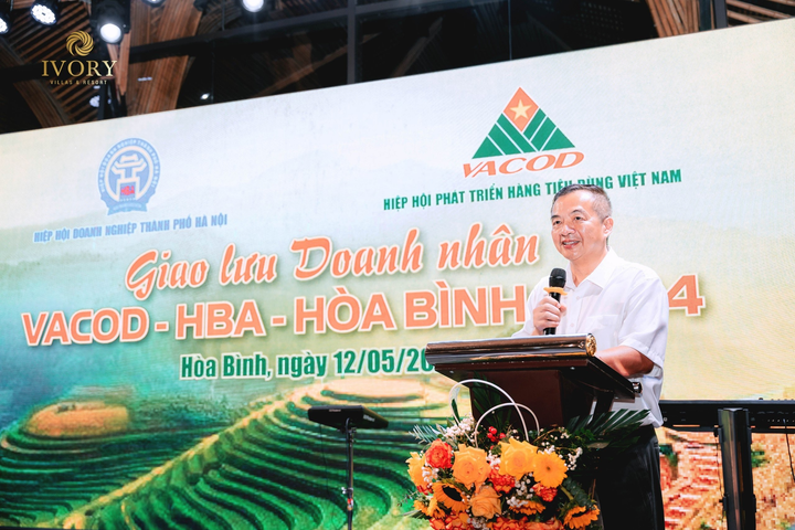 Ông Lê Vĩnh Phúc – Chủ Tịch HĐQT Tập Đoàn Việt Mỹ phát biểu tại Buổi giao lưu Doanh nhân VACOD -HBA Hoà Bình 2024