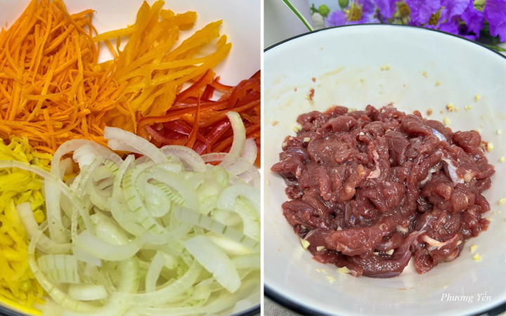 Thái củ quả và ướp thịt bò.