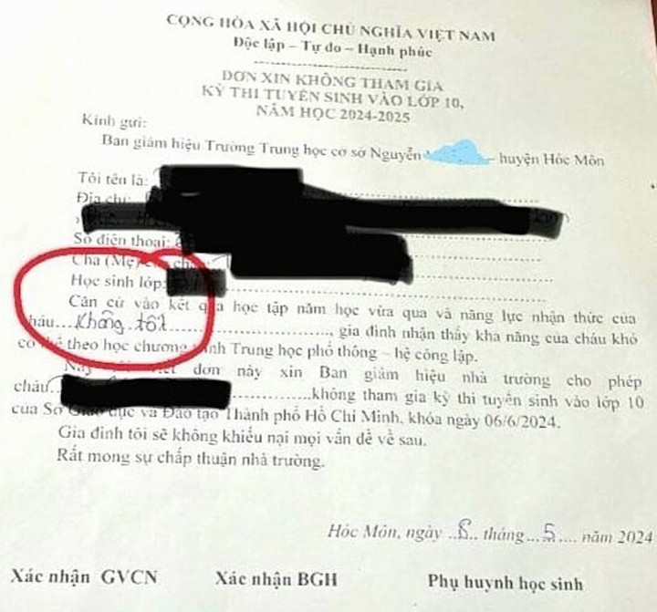 Đơn xin không tham gia thi lớp 10 trường THCS Nguyễn Văn Bứa.