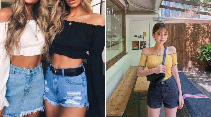 Các cô nàng nữ tính cũng không thể bỏ qua kiểu áo trễ vai cùng quần shorts để tôn lên vẻ gợi cảm.