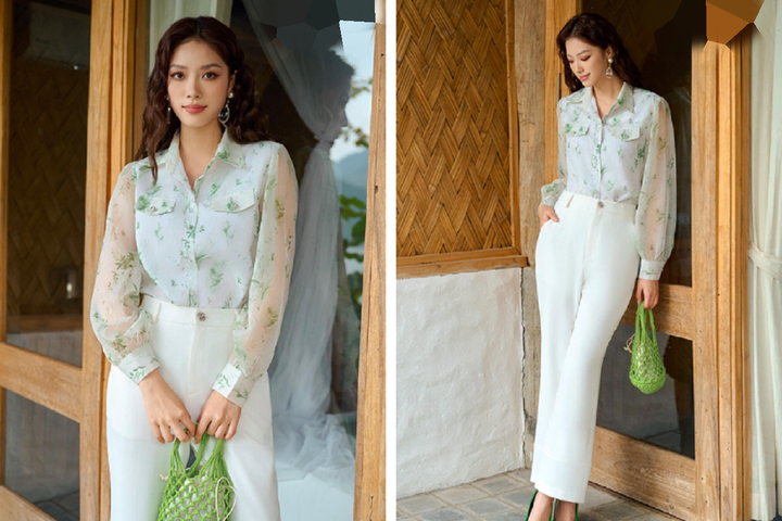 Sơ mi voan họa tiết hoa với màu sắc nhã nhặn khi kết hợp cùng chân váy hoặc quần tây cũng là lựa chọn tốt để nàng có set đồ hiện đại, thoải mái trong ngày hè.