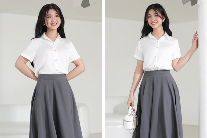 Những chiếc sơ mi trắng cũng có thể kết hợp với chân váy, quần tây... để tạo thành set đồ hiện đại, giúp nàng "biến hóa" phong cách trong ngày hè.
