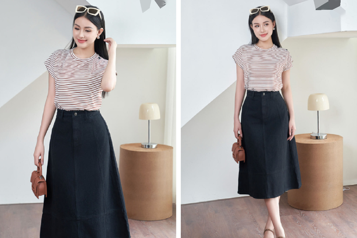 Khi đã chán những chiếc sơ mi, bạn có thể biến hóa phong cách công sở ngày hè bằng áo thun kết hợp chân váy, quần tây, quần jeans...