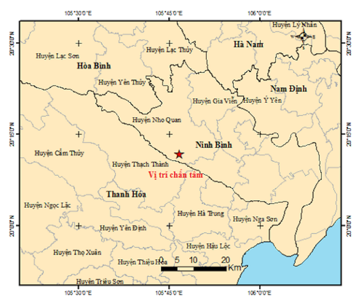 Vị trí động đất xảy ra ở cuối huyện Nho Quan, tỉnh Ninh Bình. (Ảnh: Viện Vật lý địa cầu)