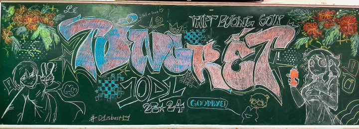 Khác hẳn với những phong cách truyền thống, lớp 10D1 Trường THPT Lương Sơn (Hòa Bình) thể hiện bức tranh bảng với phong cách anime rất độc đáo. (Ảnh: Thanh Mai)