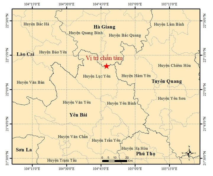 Bản đồ chấn tâm động đất ở Lục Yên (Yên Bái). (Ảnh: Viện Vật lý địa cầu)