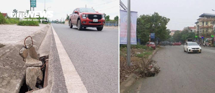 Người dân dùng bê-tông, cành cây để cảnh báo cống mất nắp trên đường Việt Bắc (trái) và đường Bắc Nam, TP Thái Nguyên.