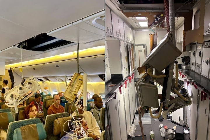 Bên trong khoang máy bay của Singapore Airlines sau vụ tai nạn hôm 21/5. (Ảnh: Reuters)