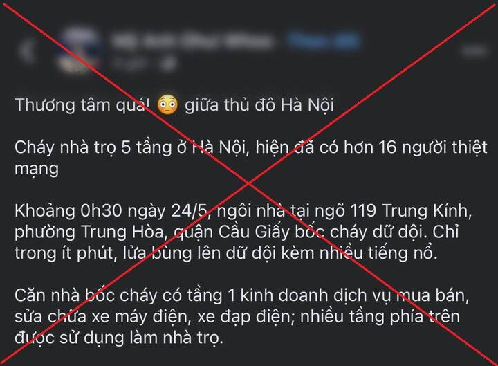 Thông tin sai sự thật về vụ cháy nhà trọ ở phố Trung Kính.
