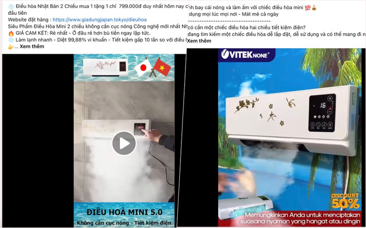Những quảng cáo "có cánh" về điều hòa mini trên chợ mạng. (Ảnh chụp màn hình)