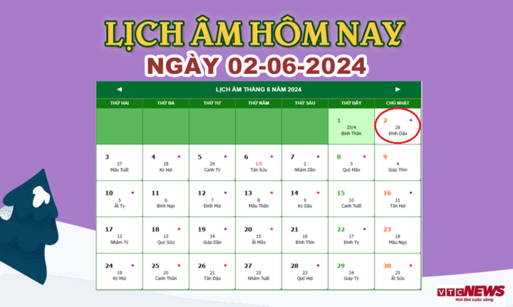 Xem lịch âm hôm nay ngày 2/6/2024.