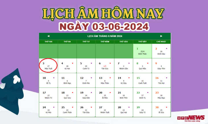 Xem lịch âm hôm nay ngày 3/6/2024.