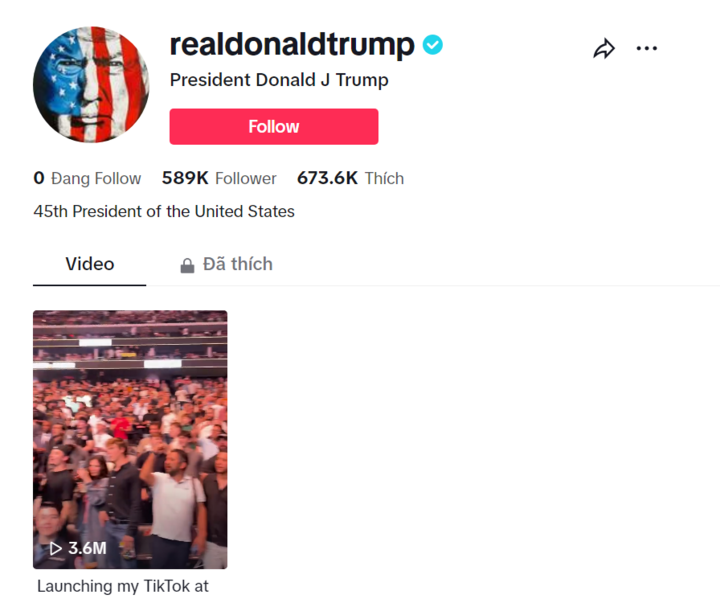 Tài khoản TikTok của ông Donald Trump thu hút gần 600.000 lượt theo dõi chỉ trong chưa tới 24 giờ. (Ảnh chụp màn hình)