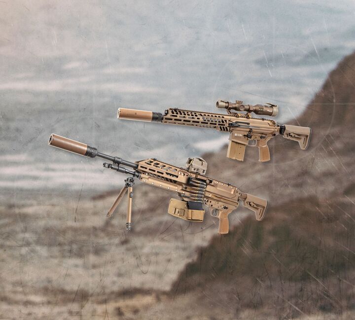 Súng trường XM7 mới (trên) và súng máy XM250 của Mỹ.