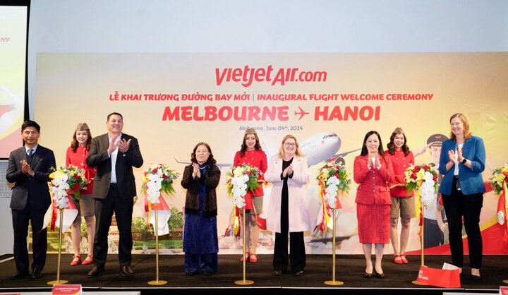 Lễ khai trương đường bay mới Hà Nội - Melbourne diễn ra tại Melbourne (Australia) sáng ngày 4/6/2024.