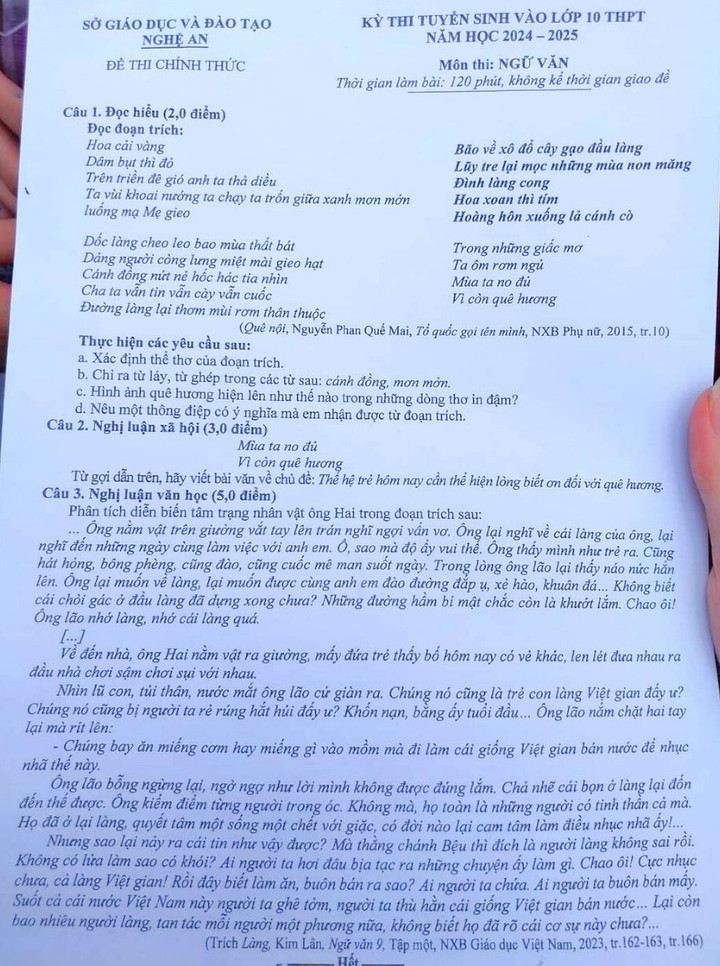 Đề thi môn Ngữ Văn tại tỉnh Nghệ An.