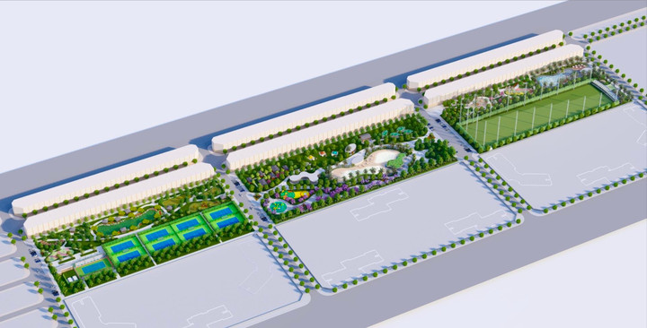 Phối cảnh tổng thể công viên Empire Park với không gian xanh ngập tràn và các tiện ích thể thao được bố trí hợp lý, hài hòa với cảnh quan thiên nhiên, mang lại “lợi ích kép” khỏe cả về thể chất và tinh thần”.