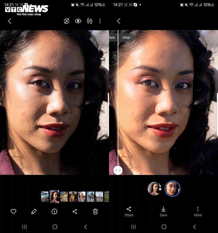 Hình ảnh trước và sau khi retouch bằng công cụ của Galaxy.