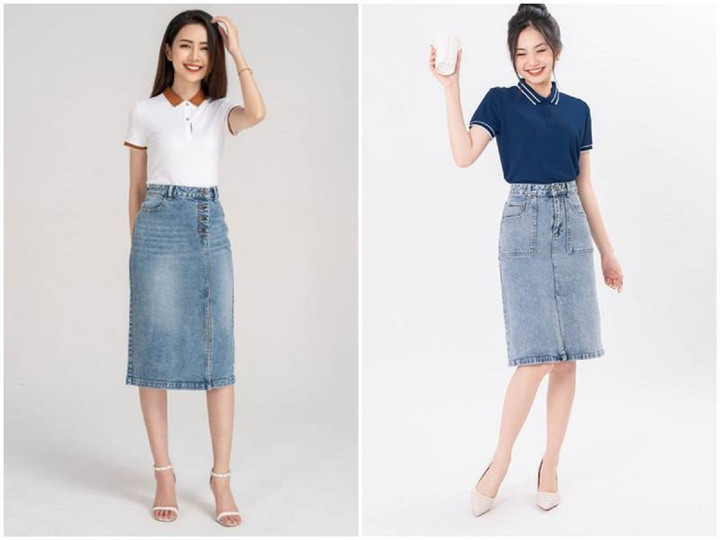 Vẻ đẹp khỏe khoắn, thanh lịch và thời thượng của chiếc áo polo sẽ rất phù hợp khi mix cùng chân váy jeans. Đây cũng là set đồ vừa đơn giản vừa đa năng, bạn gái có thể diện set đồ này để đi học, tới công sở hoặc đi dạo phố...