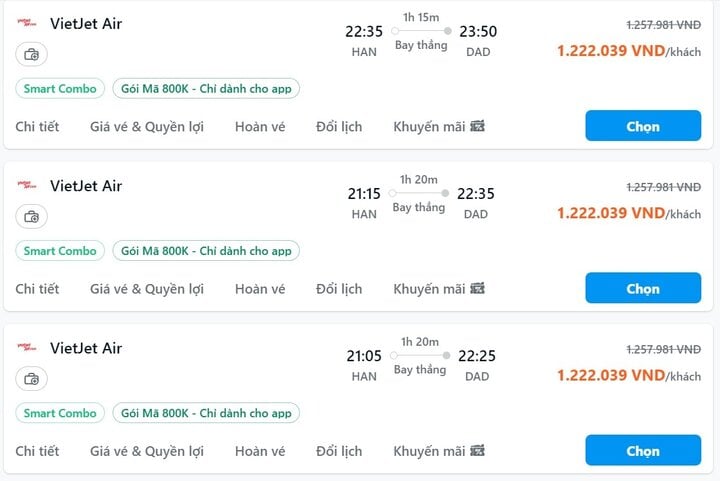 Giá vé Hà Nội - Đà Nẵng bay vào khung giờ đêm. (Ảnh chụp màn hình)
