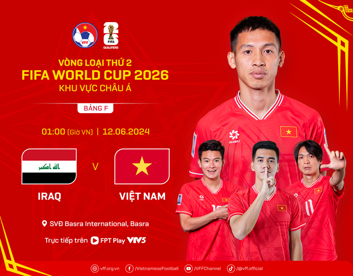 Trận đấu giữa Iraq và Việt Nam được phát sóng trực tiếp trên FPT Play và VTV5.