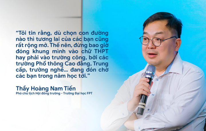 Thầy Hoàng Nam Tiến (Phó Chủ tịch Hội đồng trường – Đại học FPT) trong talkshow “Tâm lý vững vàng - Dễ dàng vượt khó” do TW Hội Sinh viên Việt Nam phối hợp tổ chức với Phổ thông Cao đẳng - FPT Polytechnic.