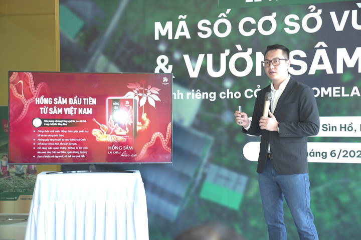 Đại diện Dược phẩm Thái Minh chia sẻ về kết quả ứng dung Sâm Lai Châu vào các sản phẩm chăm sóc sức khỏe.