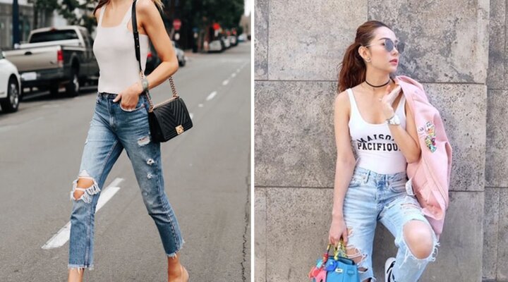 Các cô nàng sẽ cá tính và sành điệu hơn khi phối áo tank top cùng quần jeans cách điệu/quần jeans rách. Những chiếc quần jeans này phù hợp với những chiếc tank top màu trơn hoặc phối thêm áo phông bên trong.