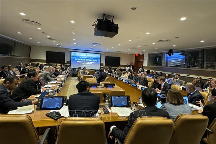 Quang cảnh Hội thảo quốc tế “Nước biển dâng tại khu vực Thái Bình Dương: thực trạng, các vấn đề pháp lý và đánh giá từ góc độ Luật biển” diễn ra tại trụ sở LHQ. (Ảnh: Thanh Tuấn/PV TTXVN tại New York, Mỹ)