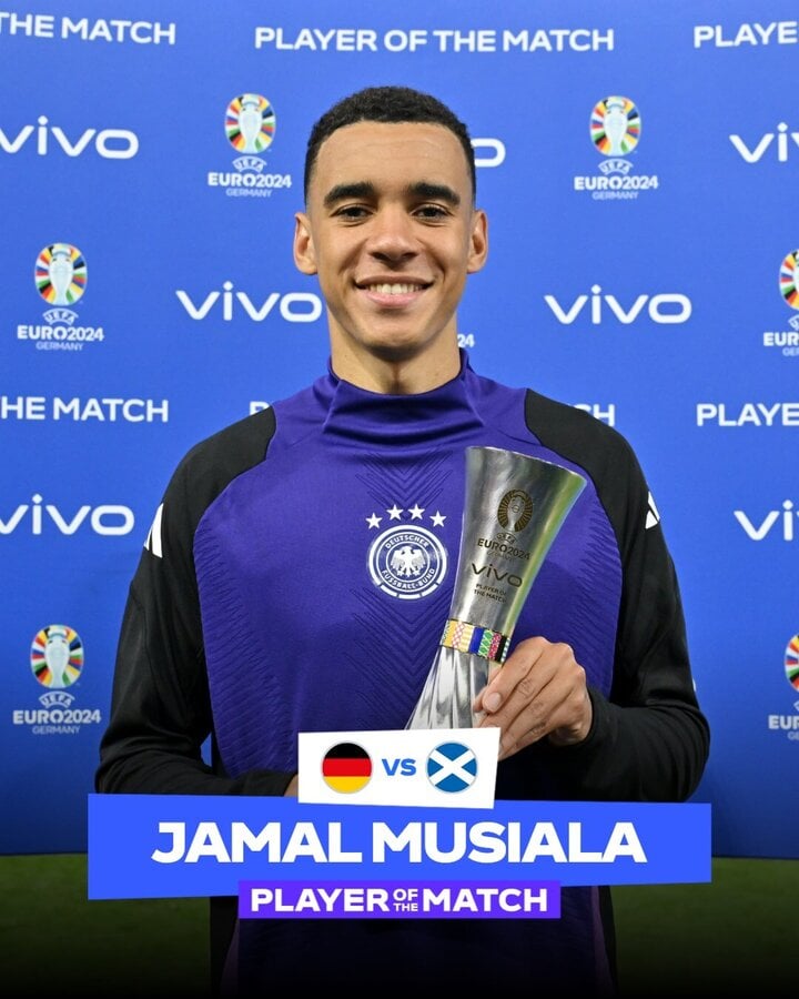 Jamal Musiala giành danh hiệu “Cầu thủ xuất sắc nhất” trong trận Đức thắng Scotland 5-1.