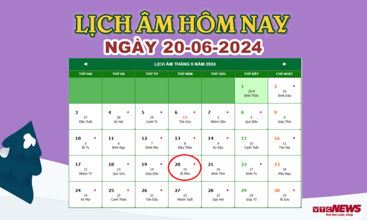 Xem lịch âm hôm nay ngày 20/6/2024.