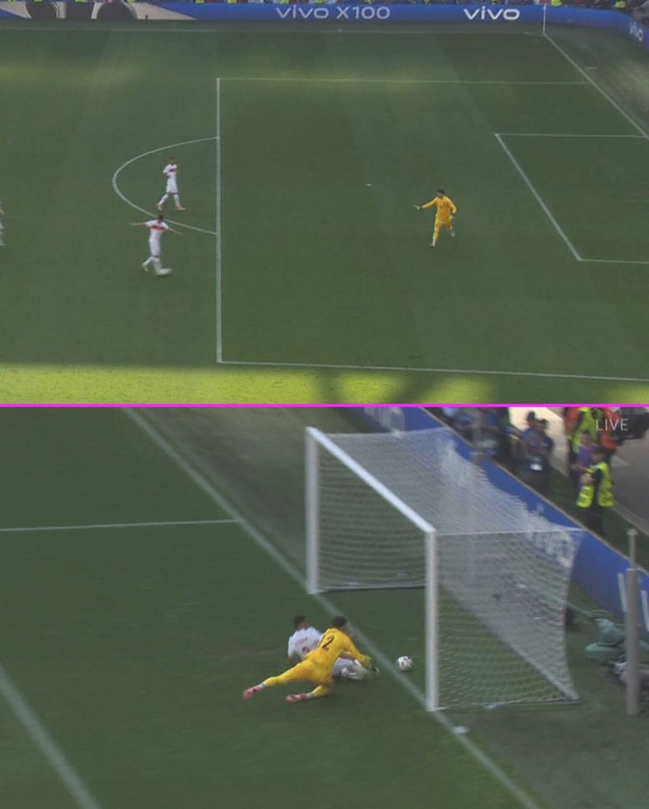 Bóng đã trôi qua vạch vôi khung thành Thổ Nhĩ Kỳ, bàn thắng được tính cho Bồ Đào Nha. Nguồn: TNT Sports.