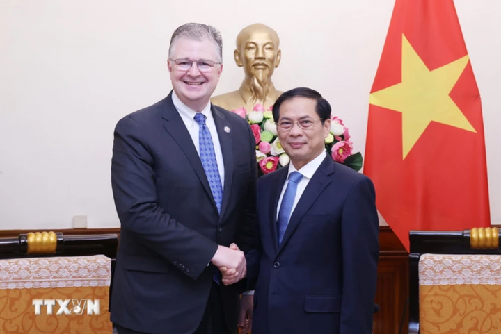 Bộ trưởng Ngoại giao Bùi Thanh Sơn tiếp Trợ lý Bộ trưởng Ngoại giao Mỹ phụ trách các vấn đề Đông Á và Thái Bình Dương Daniel Kritenbrink. (Ảnh: TTXVN)