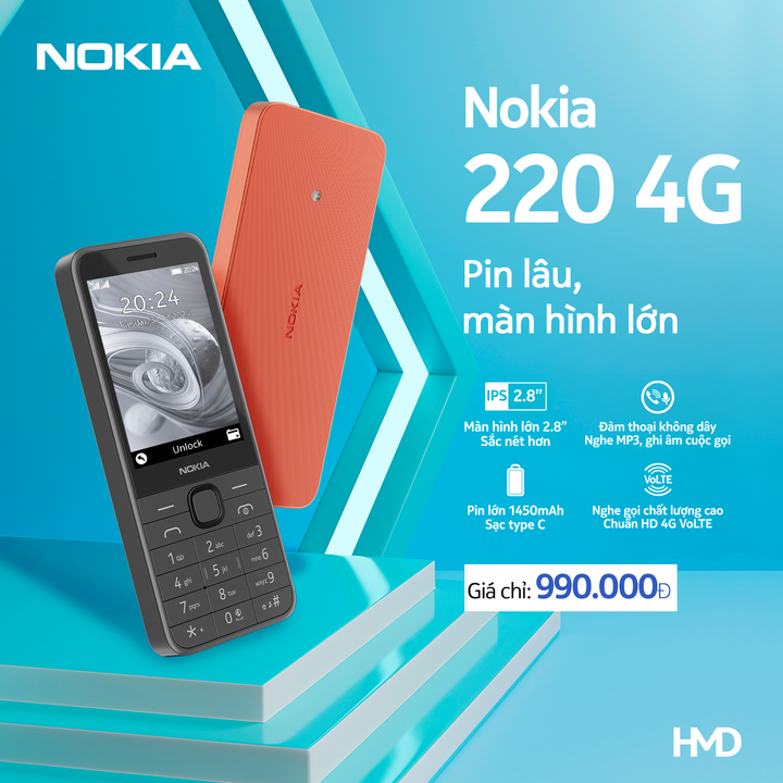 Nokia 220 4G có thiết kế truyền thống với bàn phím và màn hình lớn dễ thao tác và sử dụng.