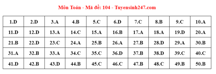 Gợi ý đáp án mã đề 104 môn Toán thi tốt nghiệp THPT 2024 - 1
