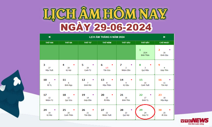 Xem lịch âm hôm nay ngày 29/6/2024.