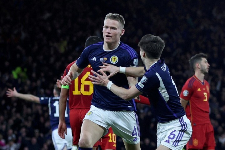 Tiền vệ Scott McTominay của Man Utd ghi bàn mở tỉ số trong trận hòa 1-1 giữa Scotland và Thụy Sĩ hôm 20/6 ở vòng bảng EURO 2024. Đáng tiếc, Scotland của McTominay đứng cuối bảng A với 1 điểm sau 3 trận và dừng chân ở vòng bảng. McTominay là cầu thủ duy nhất của Man Utd tham dự EURO 2024 phải ra về sau vòng bảng, trong khi 7 cầu thủ khác lọt vào vòng 1/8.
