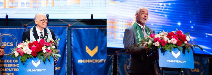 Chia sẻ tại Lễ tốt nghiệp, đại diện 2 đối tác chiến lược của VinUni, Đại học Cornell (ảnh trái) và Pennsylvania (ảnh phải) đều bày tỏ sự tự hào được hợp tác với Vingroup góp phần tạo nên VinUni.