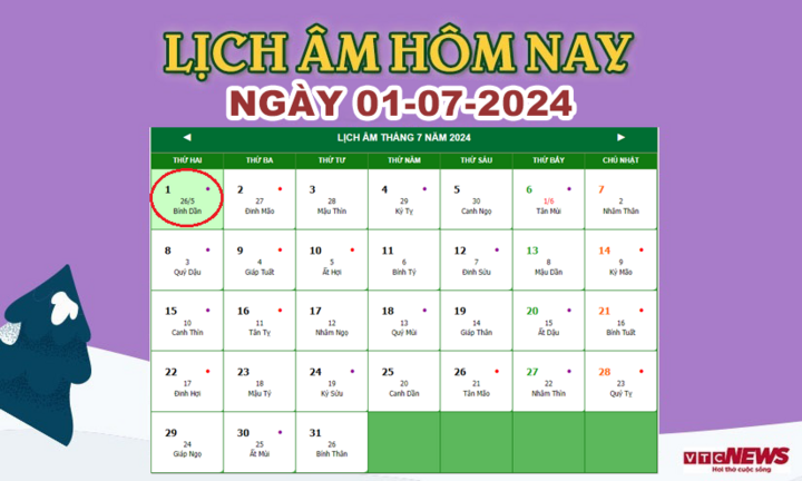 Xem lịch âm hôm nay ngày 1/7/2024.