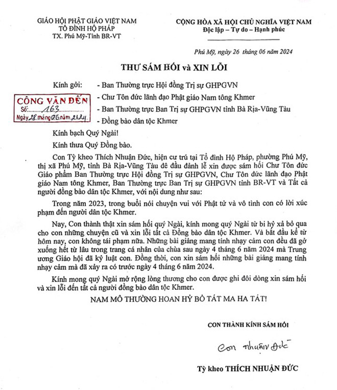 Thư sám hối và xin lỗi đồng bào Khmer của Đại đức Thích Nhuận Đức. (Nguồn: Ban Trị sự GHPGVN tỉnh Bà Rịa - Vũng Tàu)