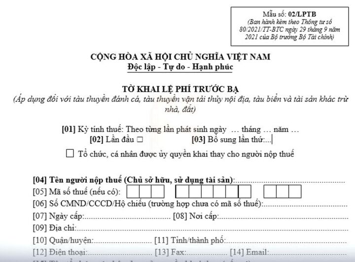 Tờ khai lệ phí trước bạ.