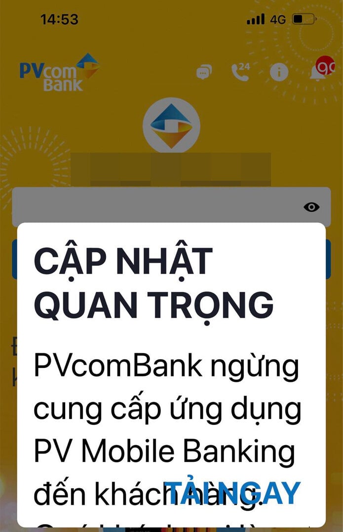 Ngân hàng PVComBank ngừng cung cấp ứng dụng Mobile Banking với những khách chưa tải ứng dụng xác thực sinh trắc học. (Ảnh chụp màn hình)