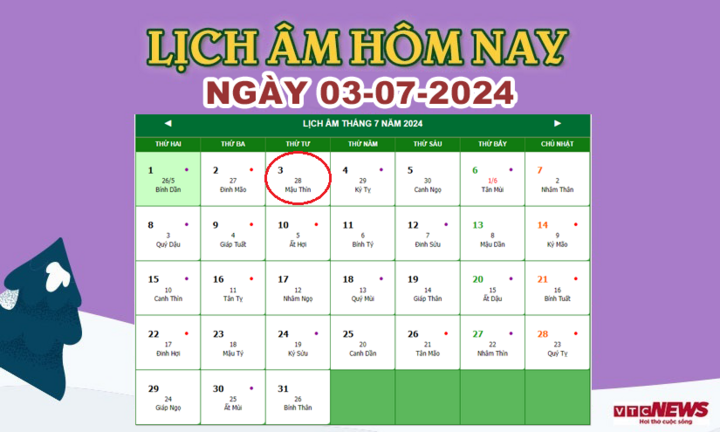 Xem lịch âm hôm nay ngày 3/7/2024.