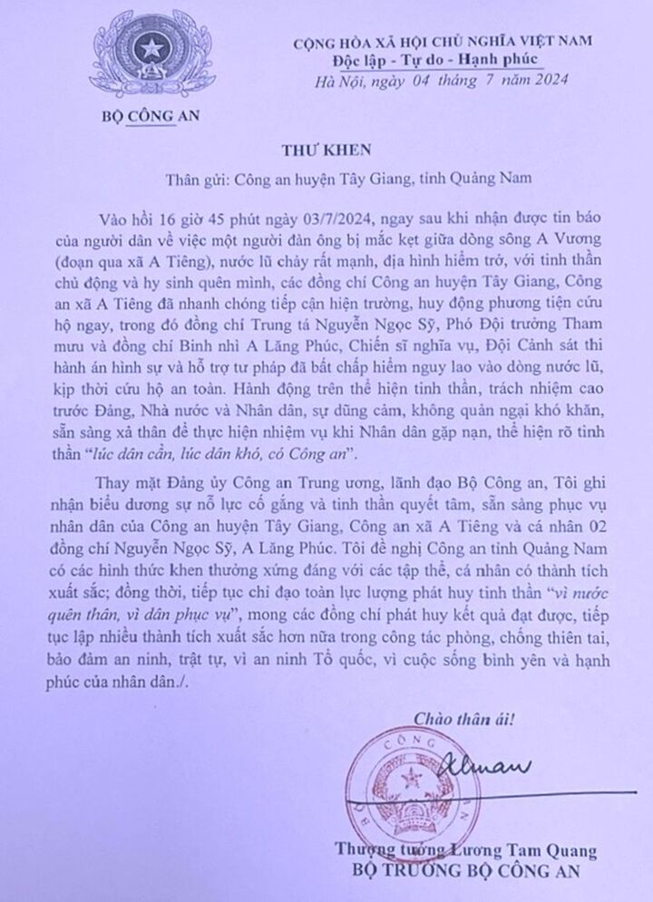 Bức thư của Bộ trưởng Bộ Công an khen Công an huyện Tây Giang.