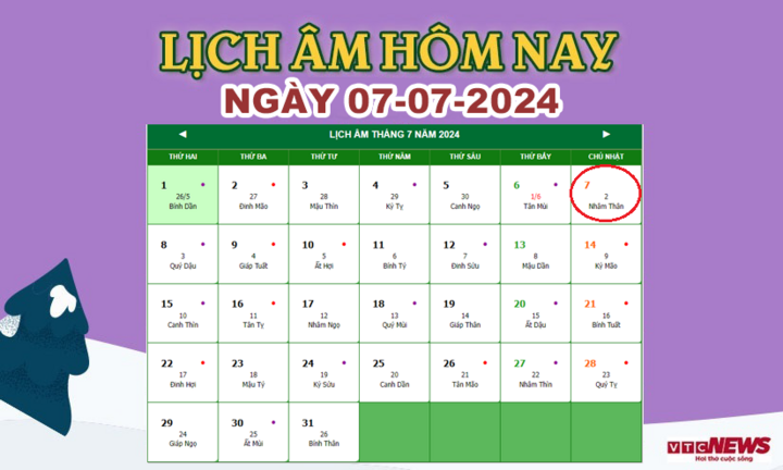 Xem lịch âm hôm nay ngày 7/7/2024.