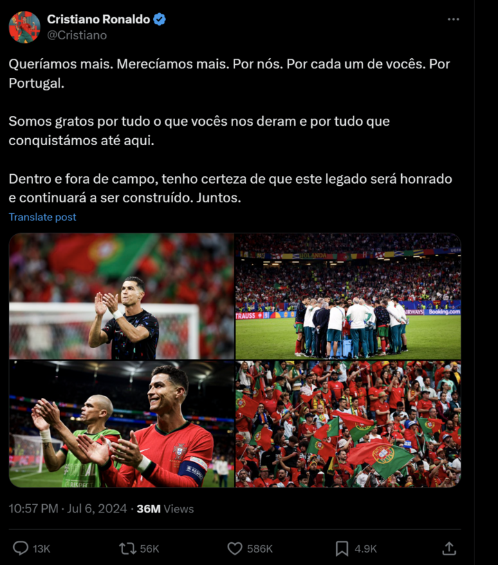 Bài đăng của Cristiano Ronaldo trên mạng xã hội X.