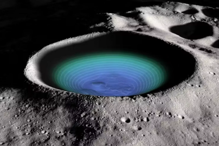 Hình ảnh mô phỏng hố mặt trăng Shackleton ở cực Nam của Mặt trăng. (Ảnh: NASA Scientific Visualization Studio)