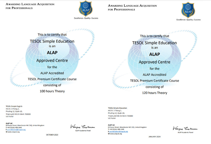 Chứng nhận từ ALAP - TESOL Simple Education đạt tiêu chuẩn quốc tế về giảng dạy TESOL.