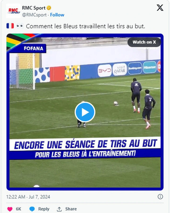 Kênh RMC Sport làm lộ hình ảnh tập đá luân lưu của tuyển Pháp.