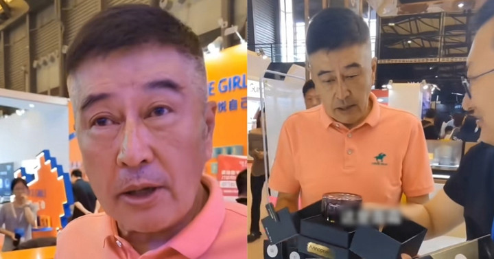 Lâm Uy tới hội chợ ngành làm đẹp mua sản phẩm dưỡng da cho vợ. Dù đã bước vào tuổi xế chiều nhưng ông rất cưng chiều bà xã.